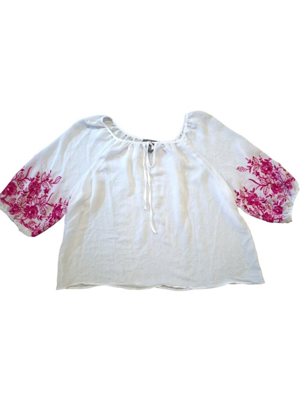 Olivia & Martin White Peasant Top Pink Embroidery Boho 3X Summer Beach.